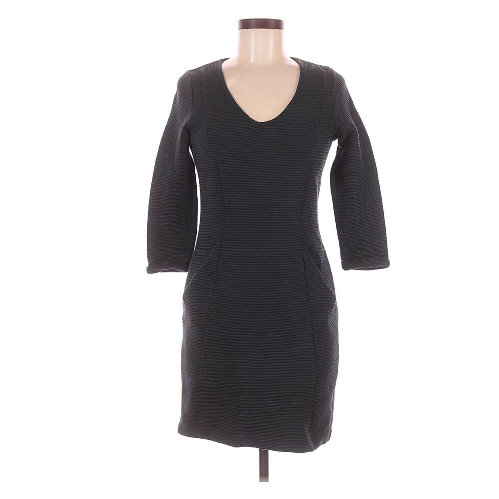 Anthropologie Black Ribbed Knit Bodycon Sheath Dress 3/4 Sleeve US 6 Cotton